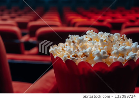 Close-up of a red popcorn bucket filled with buttery popcorn, set against a blurred background of empty red theater seats, evoking a cinematic experience and anticipation 132089724
