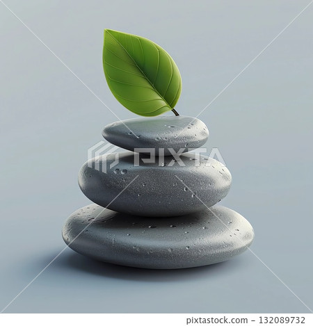 Stacked gray stones with a vibrant green leaf on top, symbolizing balance and tranquility in a serene environment, showcasing natural harmony and wellness concepts 132089732