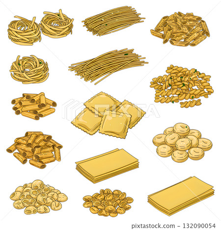 Italian pasta set. collection of various noodles types such as tagliatelle, spaghetti, penne, fusilli, ravioli, macaroni and others. illustration design. 132090054