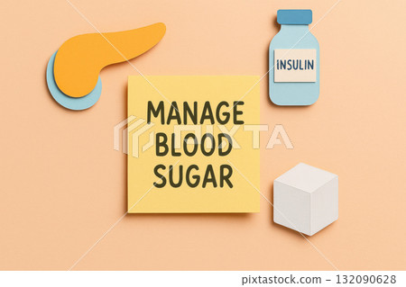 Paper cut pancreas, insulin bottle, and sugar cube icons with note to manage blood sugar. serious medical concept for diabetes health, glucose treatment, and awareness Paper cut pancreas, insulin bottle, and sugar cube icons with note to manage blood sugar. serious medical concept for diabetes health, glucose treatment, and awareness 132090628