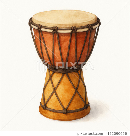 Watercolor illustration of single cultural djembe drum clipart, feeling vibrant and rhythmic. This traditional object represents African music, energetic community, and global connection 132090636