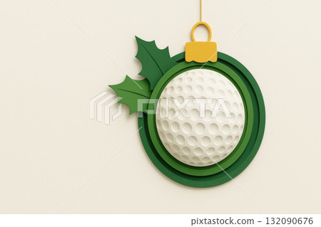 Festive golf ball Christmas ornament decoration in paper cut layer style. This clean layout illustration offers joyful and unique holiday concept with plenty of copy space 132090676