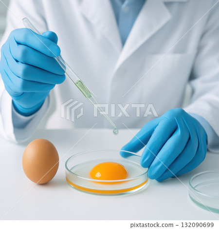 Focused scientist using pipette to test an egg yolk in petri dish. Laboratory research for food biotechnology and nutrition science innovation, clean environment 132090699