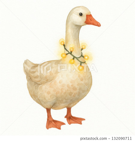 Charming watercolor illustration of festive christmas goose decorated with fairy light around its neck. This cute and isolated animal looks cheerful for holiday 132090711