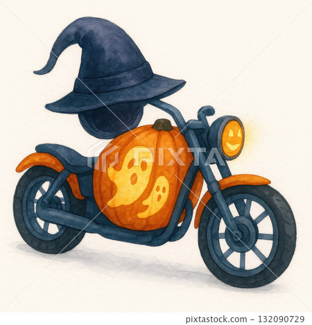 Whimsical watercolor illustration of pumpkin motorcycle with witch hat helmet and spooky ghostly patterns glowing, fun and festive single object isolate on white background 132090729