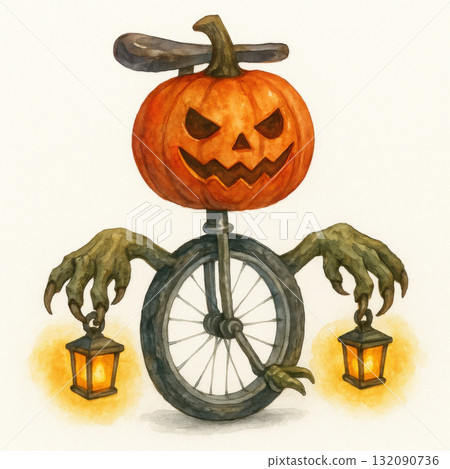 Spooky Halloween pumpkin monster illustration on unicycle. scary creature holds glowing lantern with menacing expression, classic watercolor character for autumn 132090736