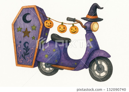 Whimsical watercolor illustration of spooky Halloween scooter with coffin and witch hat. This fun jack o lantern design isolated on white background for festive mood 132090740