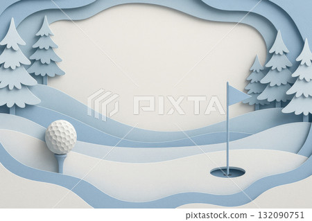 Serene winter golf course in an abstract paper cut design. snowy holiday background shows golf ball and flag, creating calm, peaceful view with space for text 132090751