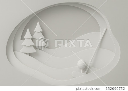 Serene winter golf landscape in minimal composition. This elegant abstract scene has curved paper layers forming snowy hill, tree, club, and ball. calm, clean concept 132090752