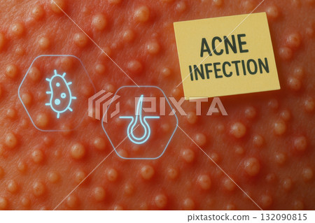 Severe acne infection medical concept. close up of multiple pustules and inflamed skin with glowing icons for bacteria and hair follicle. Educational dermatology image Severe acne infection medical concept. close up of multiple pustules and inflamed skin with glowing icons for bacteria and hair follicle. Educational dermatology image 132090815