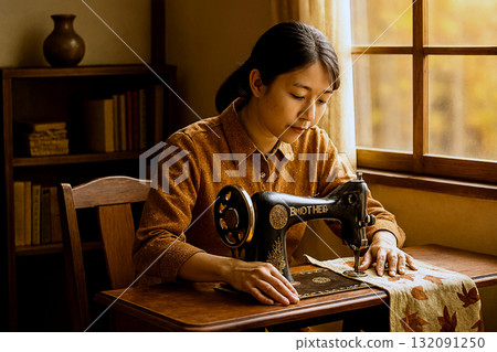昭和時代的場景：操作縫紉機的女人 132091250
