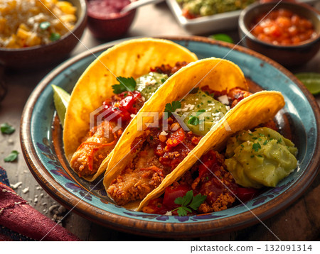 Close-up of delicious Mexican tacos with fresh salsa and guacamole. Served in a traditional ceramic bowl on a rustic wooden table with side dishes. Close-up of delicious Mexican tacos with fresh salsa and guacamole. Served in a traditional ceramic bowl on a rustic wooden table with side dishes. 132091314