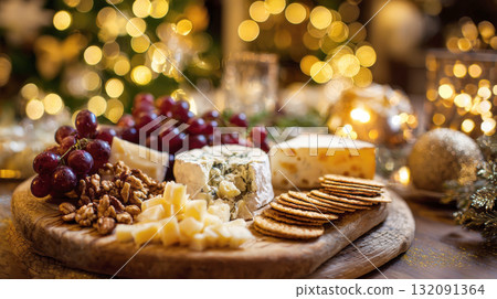 A festive, mouthwatering close-up of a rustic wooden cheese board overflowing with a selection of fine cheeses (including blue cheese and cheddar), crunchy walnuts, juicy grapes, and crackers. 132091364