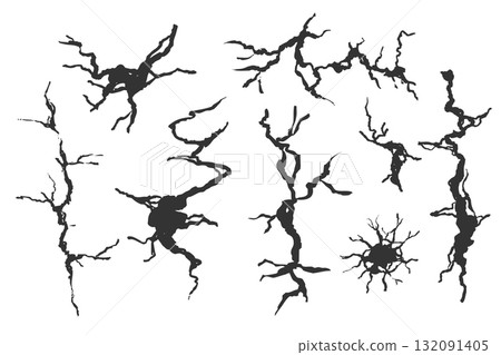 Crack wall, ground texture breaks on land surface. Ground fissure line sketch set. Crash fracture, land damage, earthquake 132091405