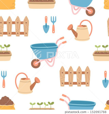 pattern with garden cart and fence pattern with garden cart and fence 132091788