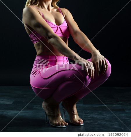 athletic female body in pink sportswear on dark background, fitness woman, athletic girl torso 132092024