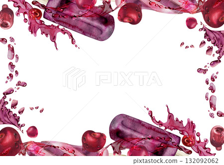 Cherry berry popsicle ice lolly stick in fruit juice splashes, waves drops. Isolated border frame illustration hand drawn in watercolor. Cocktail garnish art, dessert shop flyer, foodie paper goods. Cherry berry popsicle ice lolly stick in fruit juice splashes, waves drops. Isolated border frame illustration hand drawn in watercolor. Cocktail garnish art, dessert shop flyer, foodie paper goods. 132092062