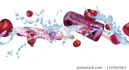 Melting cherry ice lolly popsicle flying with fruit and berries in drops, waves and water splashes. Isolated seamless banner border header hand drawn in watercolor. Frozen snack wrap, cafe insert. 132092063