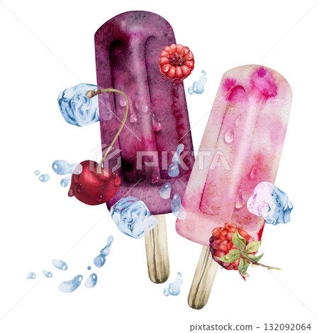 Cherry and raspberry berries popsicle ice lolly with melting texture, water splash, drops and ice. Isolated illustration hand drawn in watercolor. Frozen dessert menu, juicy tag, summer party design. 132092064