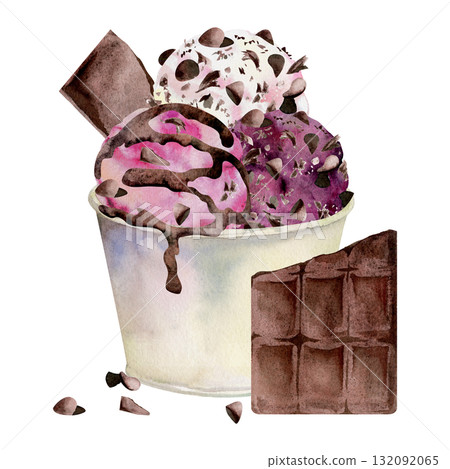 Mixed berry gelato sorbet ice cream scoop with chocolate flake chips, syrup drizzle topping in paper cup. Isolated illustration hand drawn in watercolor. Dessert logo, flavor label, packaging design 132092065