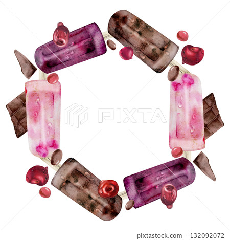 Melting chocolate bar pop and cherry ice lolly popsicles with fruits, berries and water drops. Isolated wreath frame illustration hand drawn in watercolor. Flavor card, summer branding, foodie flyer. 132092072