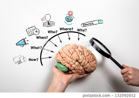 Human brain model with magnifying glass and search concept. Research, problem solving, decision Human brain model with magnifying glass and search concept. Research, problem solving, decision 132092652