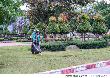 Outdoor gardener maintaining park lawn with trimmer among sculpted bushes Outdoor gardener maintaining park lawn with trimmer among sculpted bushes 132093643
