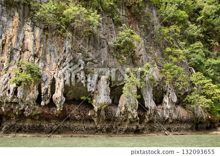 Majestic limestone cliffs with lush greenery by tranquil water in natural Majestic limestone cliffs with lush greenery by tranquil water in natural 132093655
