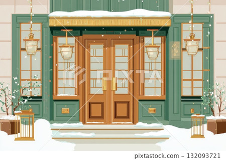 Elegant winter entrance with double doors, snow-covered steps, and decorative lanterns in a charming setting 132093721