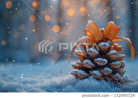Pinecone adorned with orange ribbon resting on snow-covered ground with sparkling bokeh background 132093729