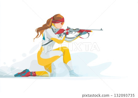 Female athlete in dynamic pose aiming with rifle in vibrant illustration style showcasing focus 132093735