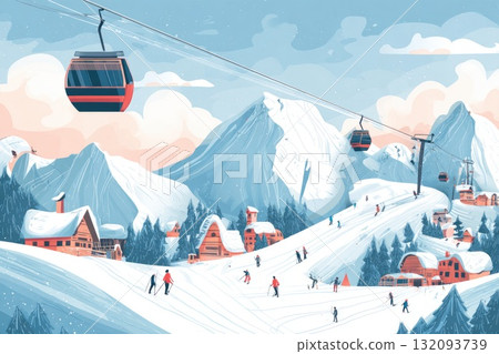 Scenic winter landscape with ski resort, gondola lift, and skiers on snowy slopes 132093739