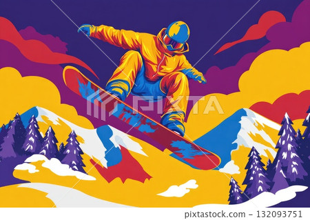 Vibrant snowboarder in mid-air performing tricks against a colorful mountain backdrop Vibrant snowboarder in mid-air performing tricks against a colorful mountain backdrop 132093751