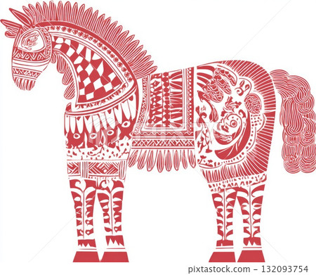 Decorative red horse illustration with intricate patterns and artistic details for creative projects 132093754