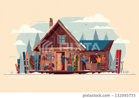 Cozy wooden cabin in snowy landscape with people preparing for winter sports activities Cozy wooden cabin in snowy landscape with people preparing for winter sports activities 132093755