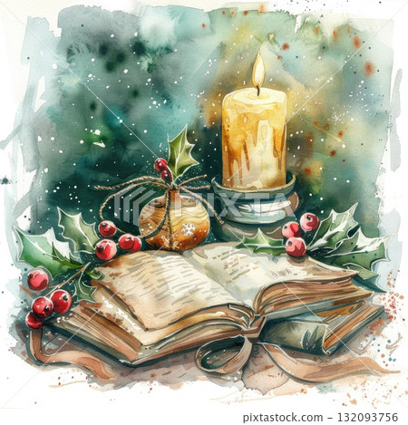 Watercolor illustration of an open book with a candle and festive decorations for holiday ambiance Watercolor illustration of an open book with a candle and festive decorations for holiday ambiance 132093756