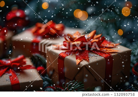 Festive gift boxes with red ribbons surrounded by snowflakes and holiday decorations Festive gift boxes with red ribbons surrounded by snowflakes and holiday decorations 132093758