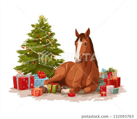 Brown horse resting beside decorated Christmas tree with colorful presents around it Brown horse resting beside decorated Christmas tree with colorful presents around it 132093763