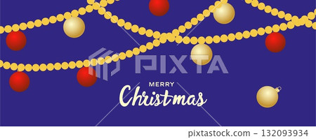Red and white striped Christmas balls hang on red satin ribbon with bow. 132093934