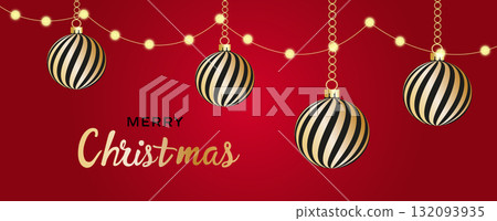 Red and white striped Christmas balls hang on red satin ribbon with bow. Red and white striped Christmas balls hang on red satin ribbon with bow. 132093935