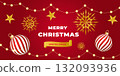 Merry Christmas background With Red Background, Gold Ornaments, Stars, And String Lights 132093936
