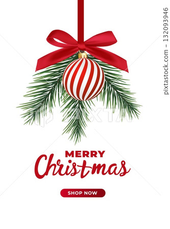 Red and white striped Christmas balls hang on red satin ribbon with bow. Red and white striped Christmas balls hang on red satin ribbon with bow. 132093946