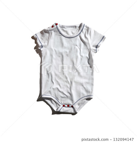 Plain white baby onesie with red button details on isolated white background Plain white baby onesie with red button details on isolated white background 132094147