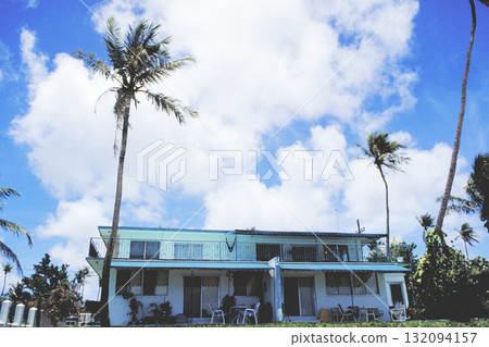 藍天下的棕櫚樹和海濱房屋 132094157