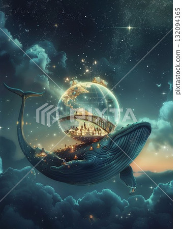 A fantastic background material of a whale swimming in the sky and a glass town 132094165