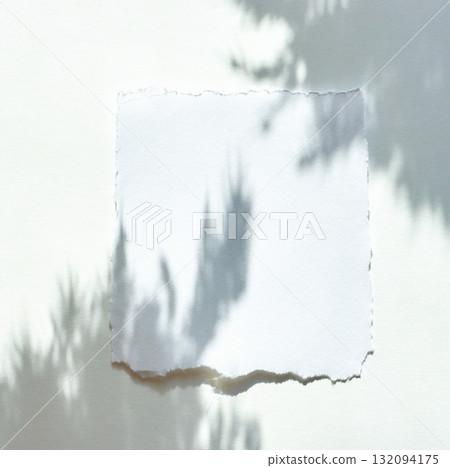 Torn white paper on light background with leaf shadows creating soft natural Torn white paper on light background with leaf shadows creating soft natural 132094175