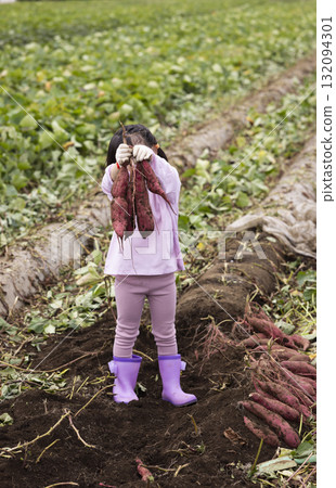 Cute girl harvesting sweet potatoes Cute girl harvesting sweet potatoes 132094301