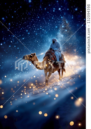 desert nomad journey, camel trek in starry cosmos, mystical desert expedition under luminous galaxy skies, adventurous nomad riding through cosmic sands with galaxy backdrop and glowing lights desert nomad journey, camel trek in starry cosmos, mystical desert expedition under luminous galaxy skies, adventurous nomad riding through cosmic sands with galaxy backdrop and glowing lights 132094398