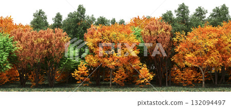 forest line with shadows under the trees, isolated on transparent background, 3D illustration, cg render 132094497