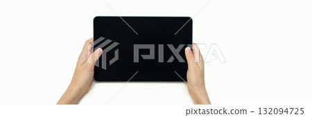 Hands holding digital tablet with black screen isolated on white background Hands holding digital tablet with black screen isolated on white background 132094725